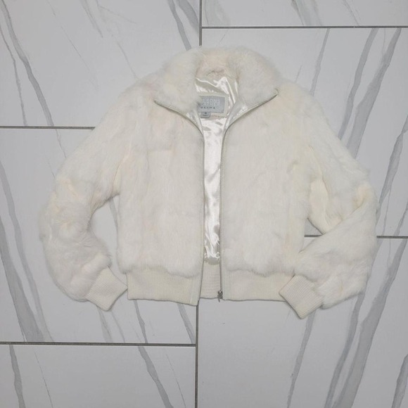 Vintage y2k White Fur Zip Up WIlson's Leather Jacket M - Picture 1 of 6